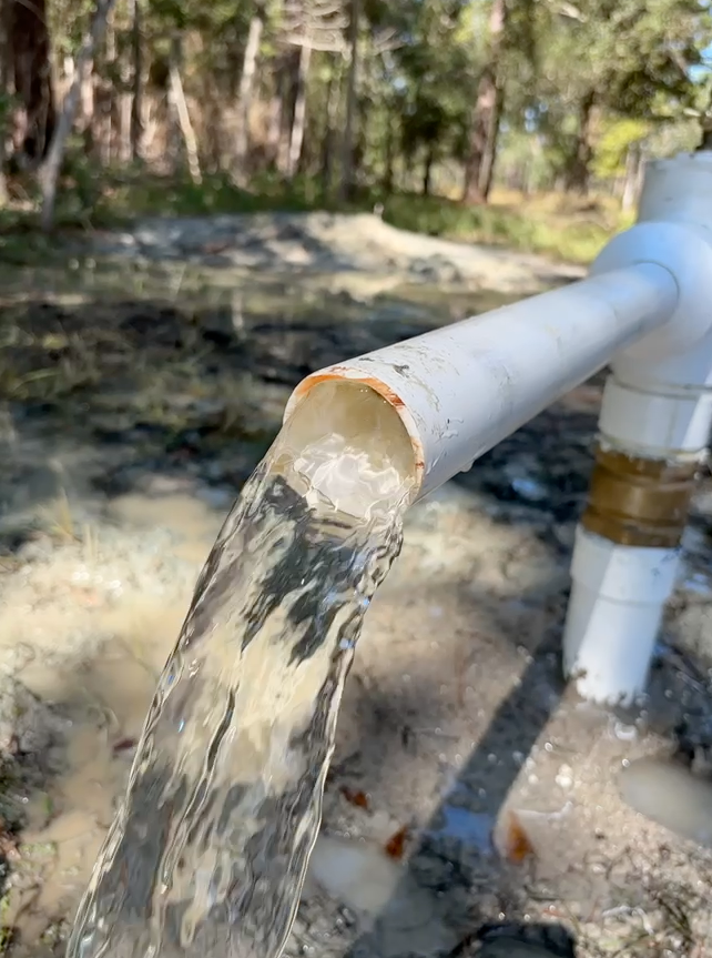 Water flows from a white plastic pipe positioned outdoors in a wooded, muddy area.