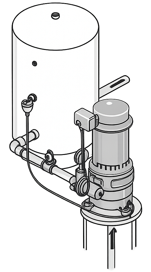 Line drawing of a vertical well pump assembly connected to a pressure tank with pipes and a pressure switch.