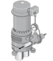 A vertical motor pump assembly with a pressure gauge and a directional arrow pointing away from the side outlet.