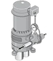 A vertical motor pump assembly with a pressure gauge and a directional arrow pointing away from the side outlet.