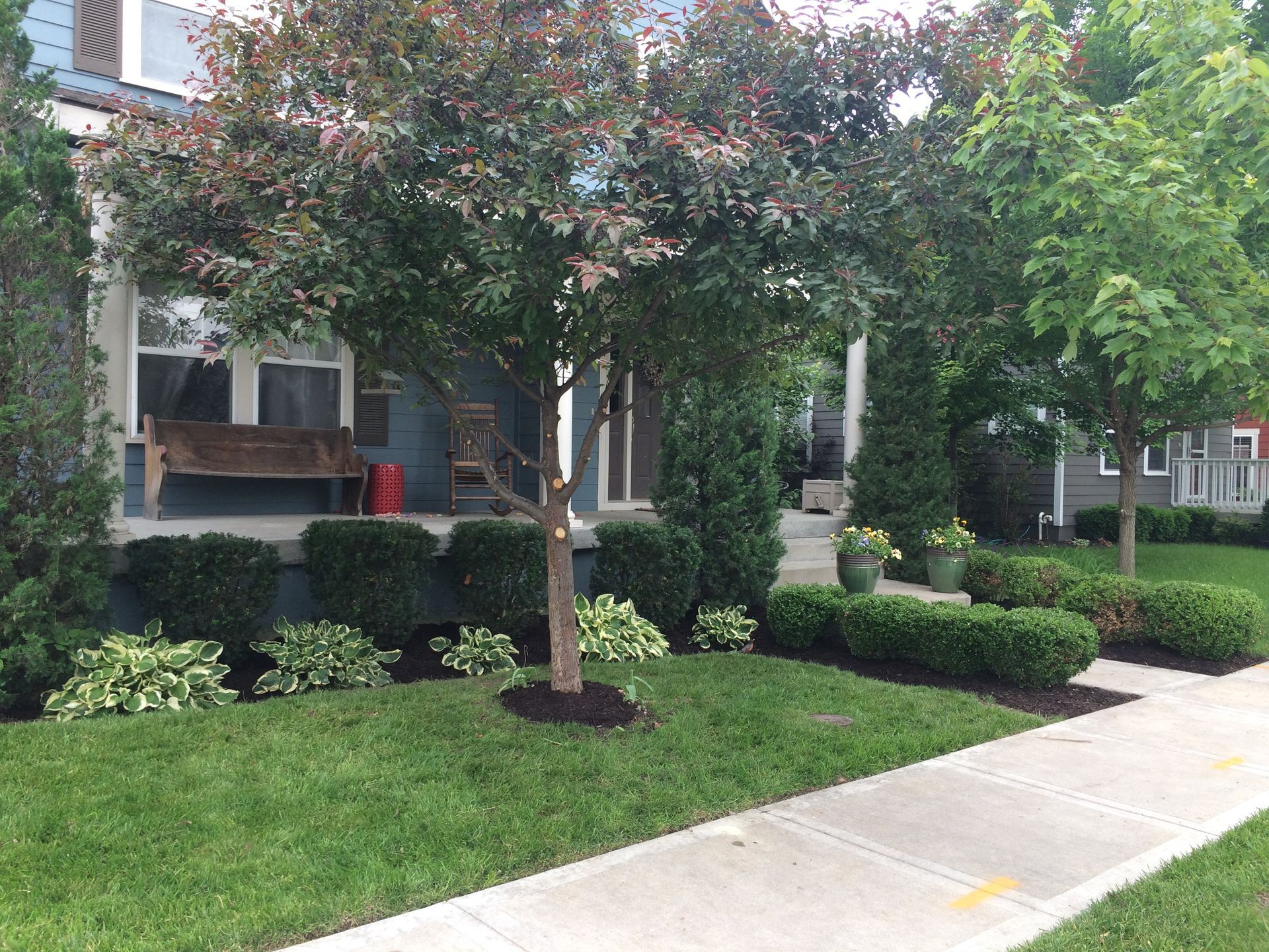 A house with a blue-grey exterior, a wooden porch bench, and a front yard featuring a small tree, shrubs, and a sidewalk.