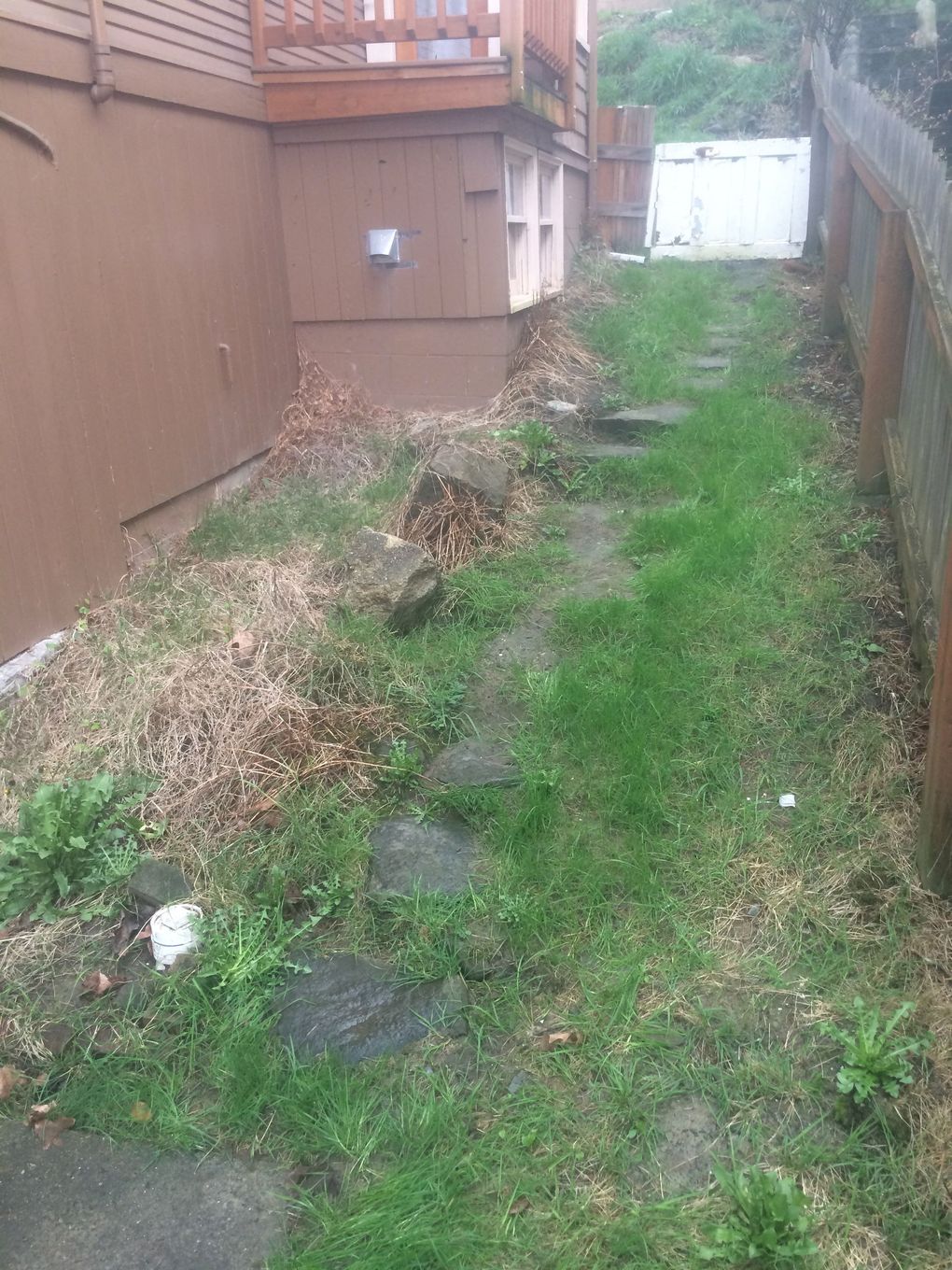 A narrow, uneven dirt and grass path with stone stepping stones along the side of a brown house toward a white gate.