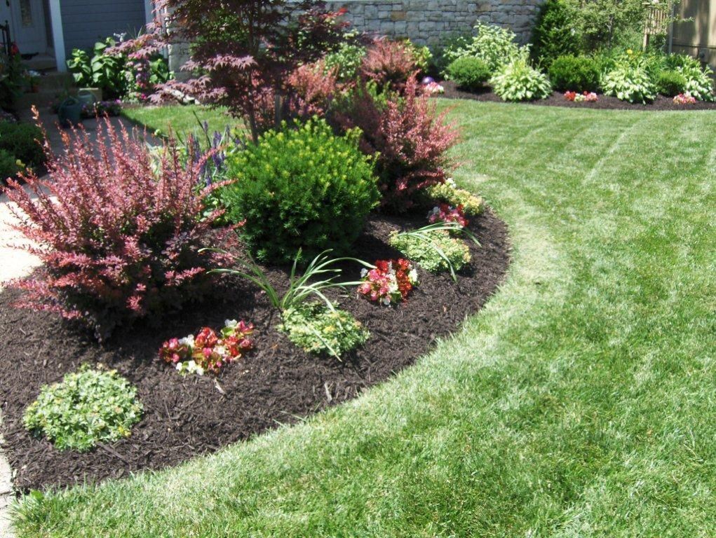 A curved garden bed with red and green shrubs, flowers, and dark mulch, bordered by a well-manicured green lawn.