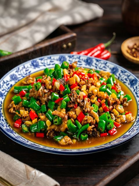 Colorful stir-fried dish with green peppers and red chilies on a blue-rimmed plate