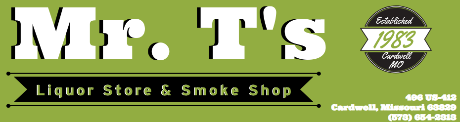 Mr. T&rsquo;s Liquor Store & Smoke Shop sign in green and white, with business hours and contact info.
