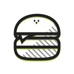 Stylized black-and-white hamburger icon with green outline and gray diagonal shading