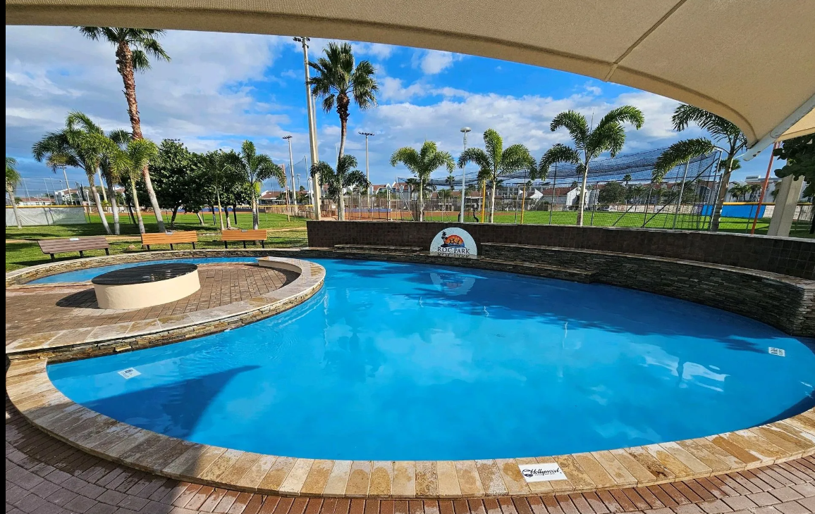 A large swimming pool with palm trees in the background