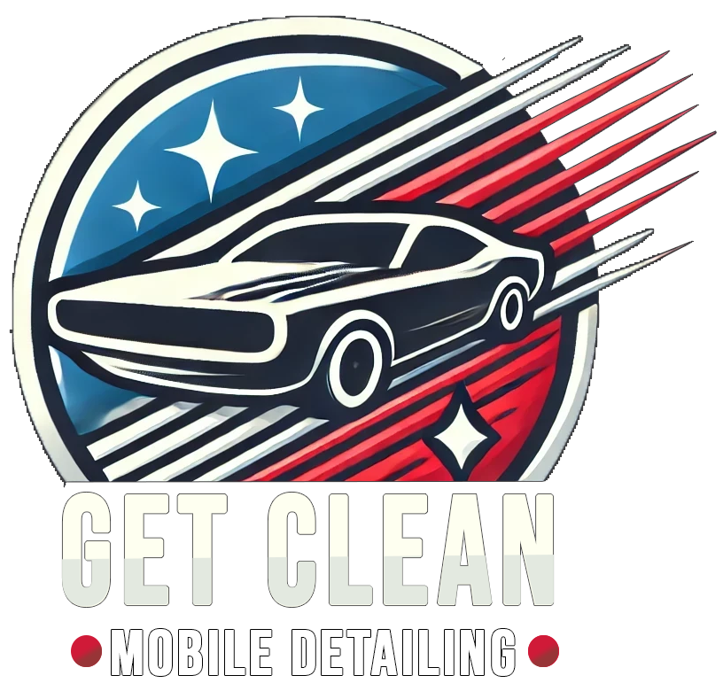 The logo for get clean mobile detailing shows a car flying through the air.