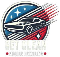 The logo for get clean mobile detailing shows a car flying through the air.