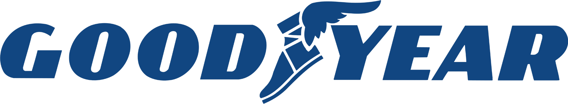 Logo Goodyear in blu con un piede alato.