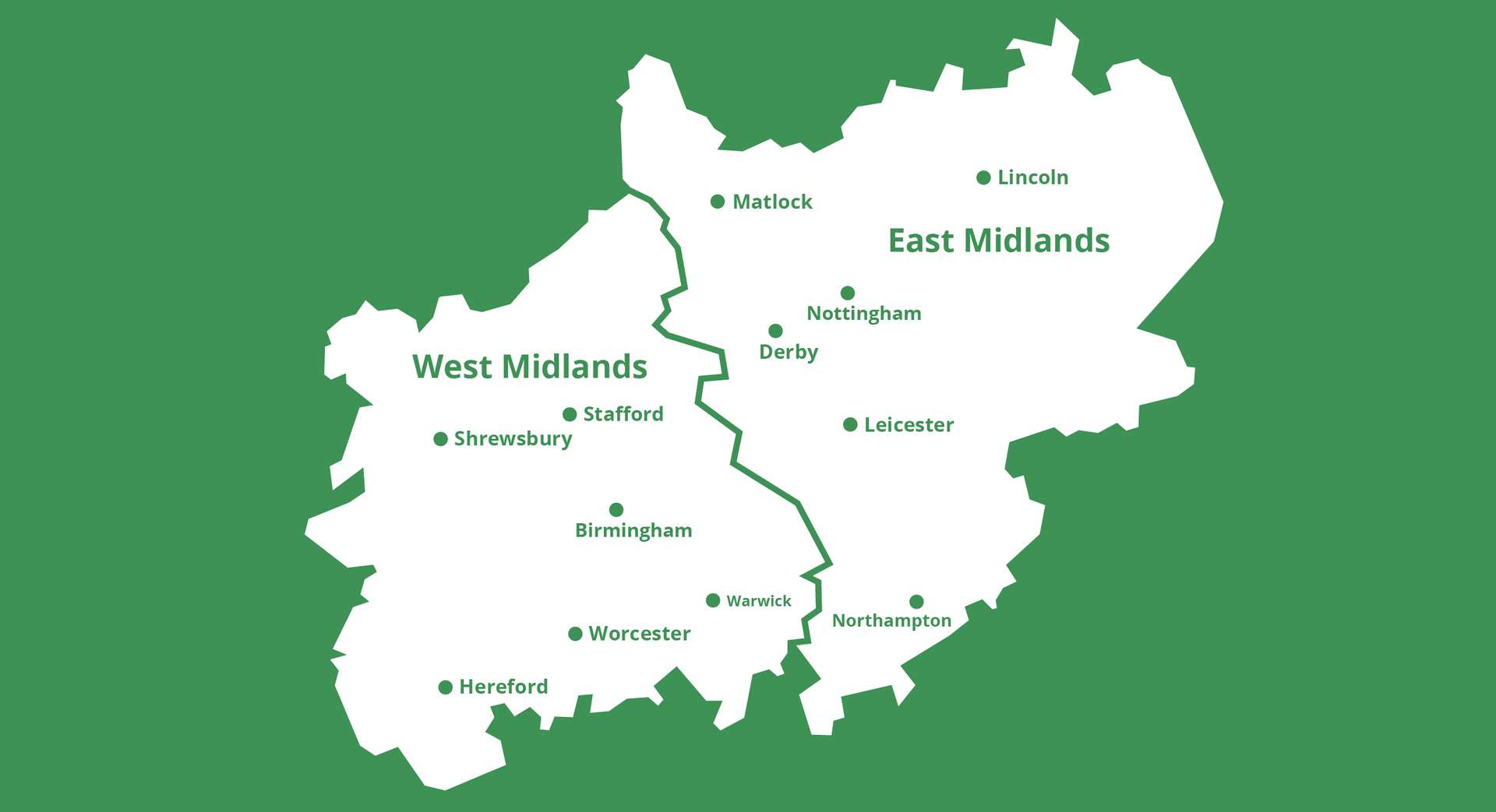 Map of West Midlands and East Midlands regions in England.