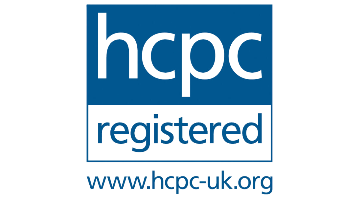 HCPC registered logo: White text on blue rectangle. Includes website URL.