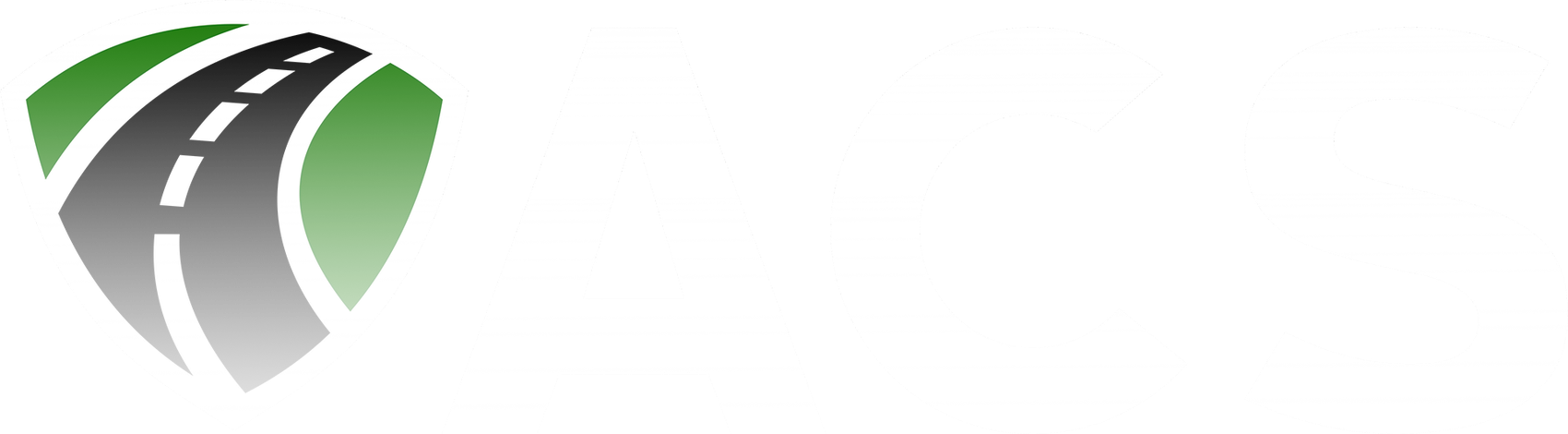 Shield-shaped logo with a stylized road inside, in green and gray.