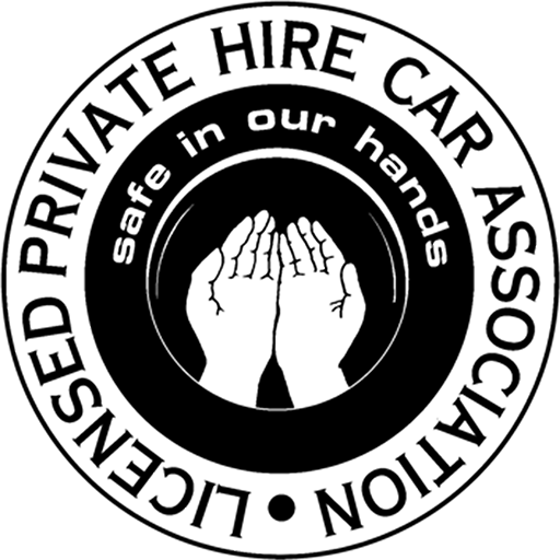 Round seal: “LICENSED PRIVATE HIRE CAR ASSOCIATION” surrounds hands holding text “safe in our hands.”