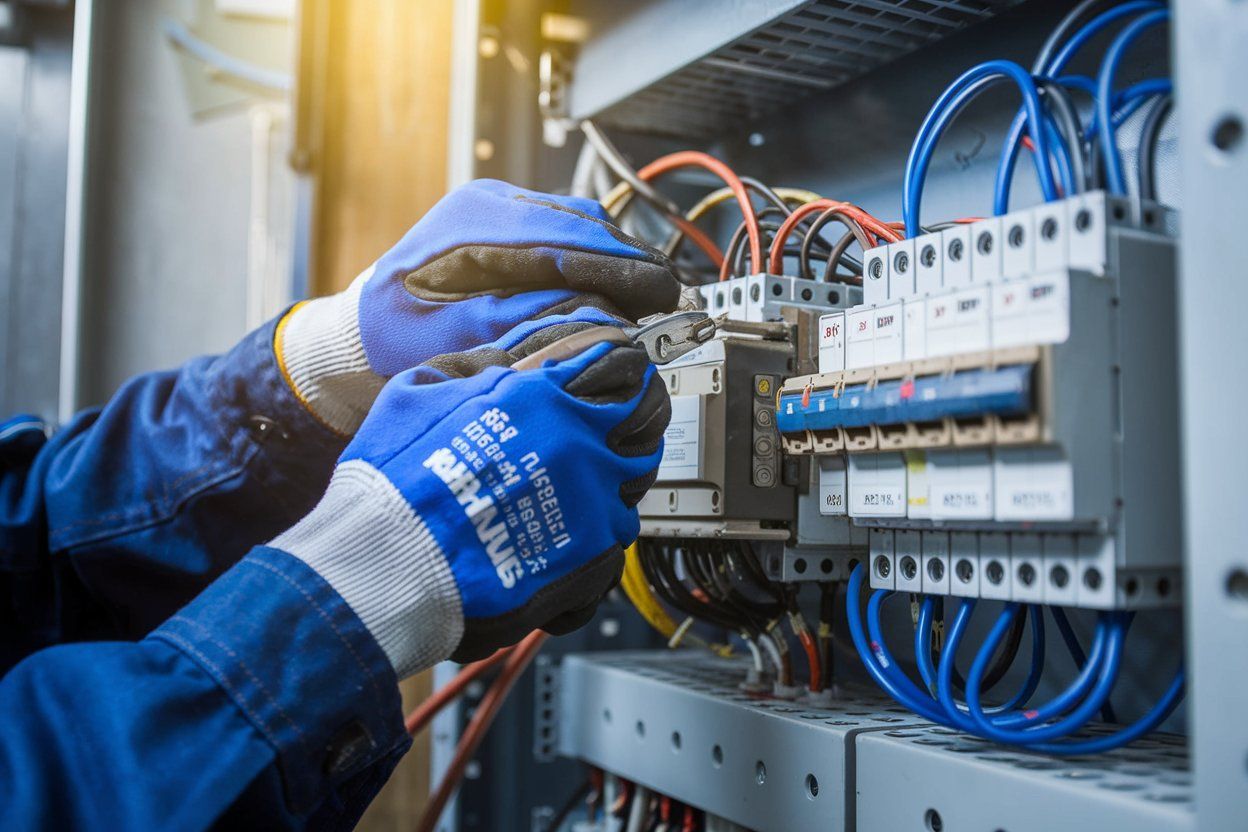A man wearing blue gloves is working on an electrical box.