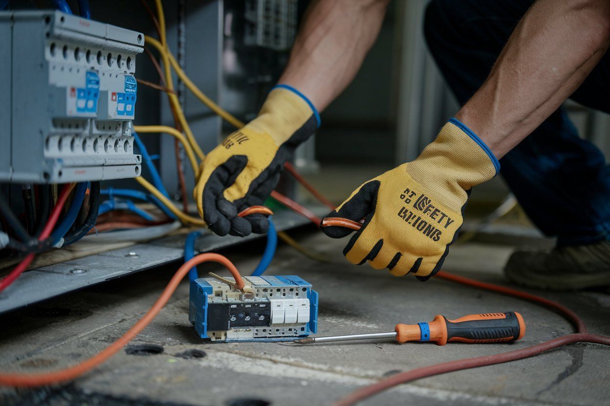 A man wearing safety gloves is working on electrical wires.