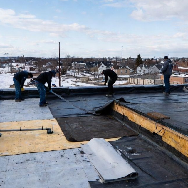 Four workers installing a black flat roof on a building. Winter setting with snow and a town in the background.