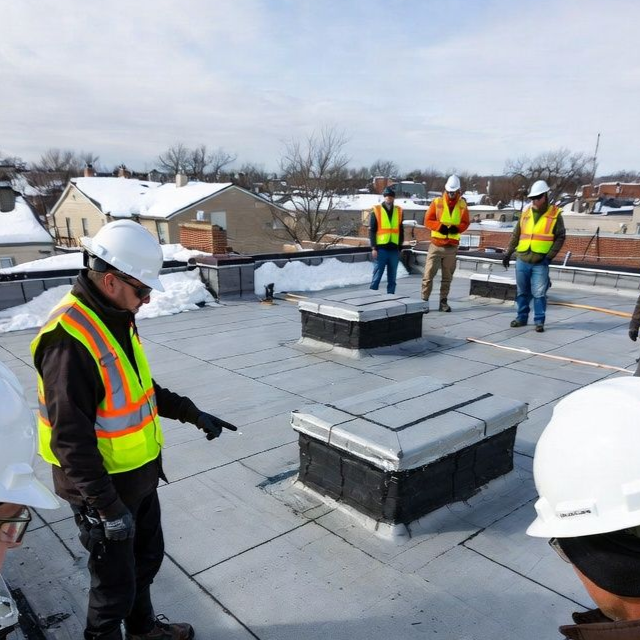 Roof workers in safety gear on a flat roof, pointing at a structure, with snowy rooftops in the background.