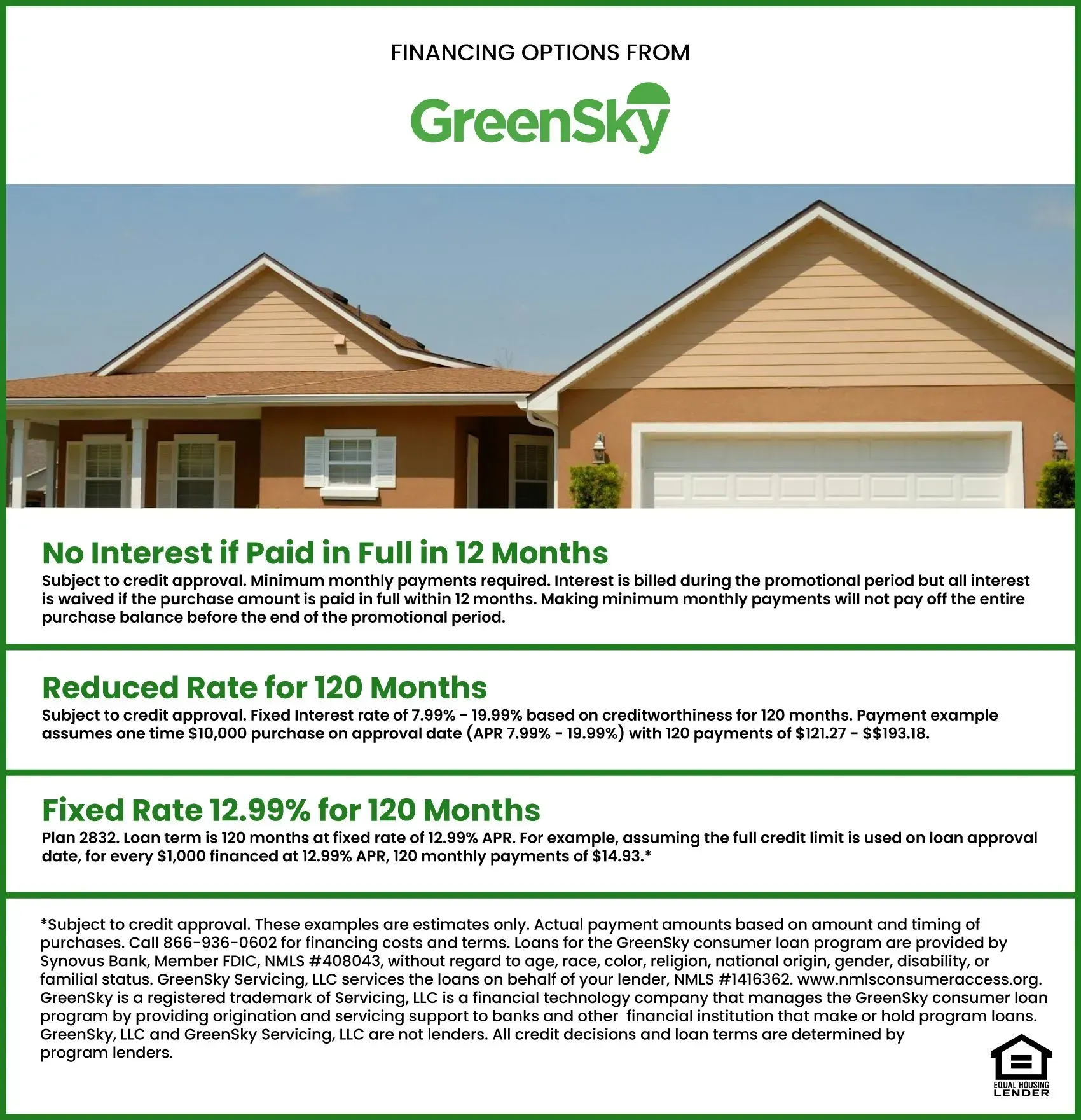 Flyer for GreenSky financing options. Offers no interest, reduced rate, and fixed rate financing. Shows a house.