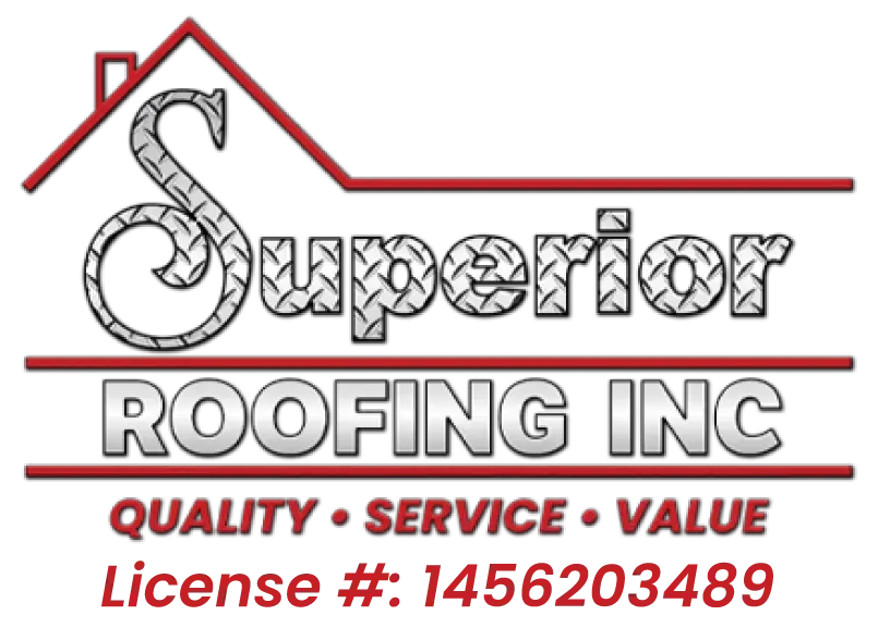 Logo for Superior Roofing Inc. with text and a house outline in red, and gray diamond-patterned lettering.