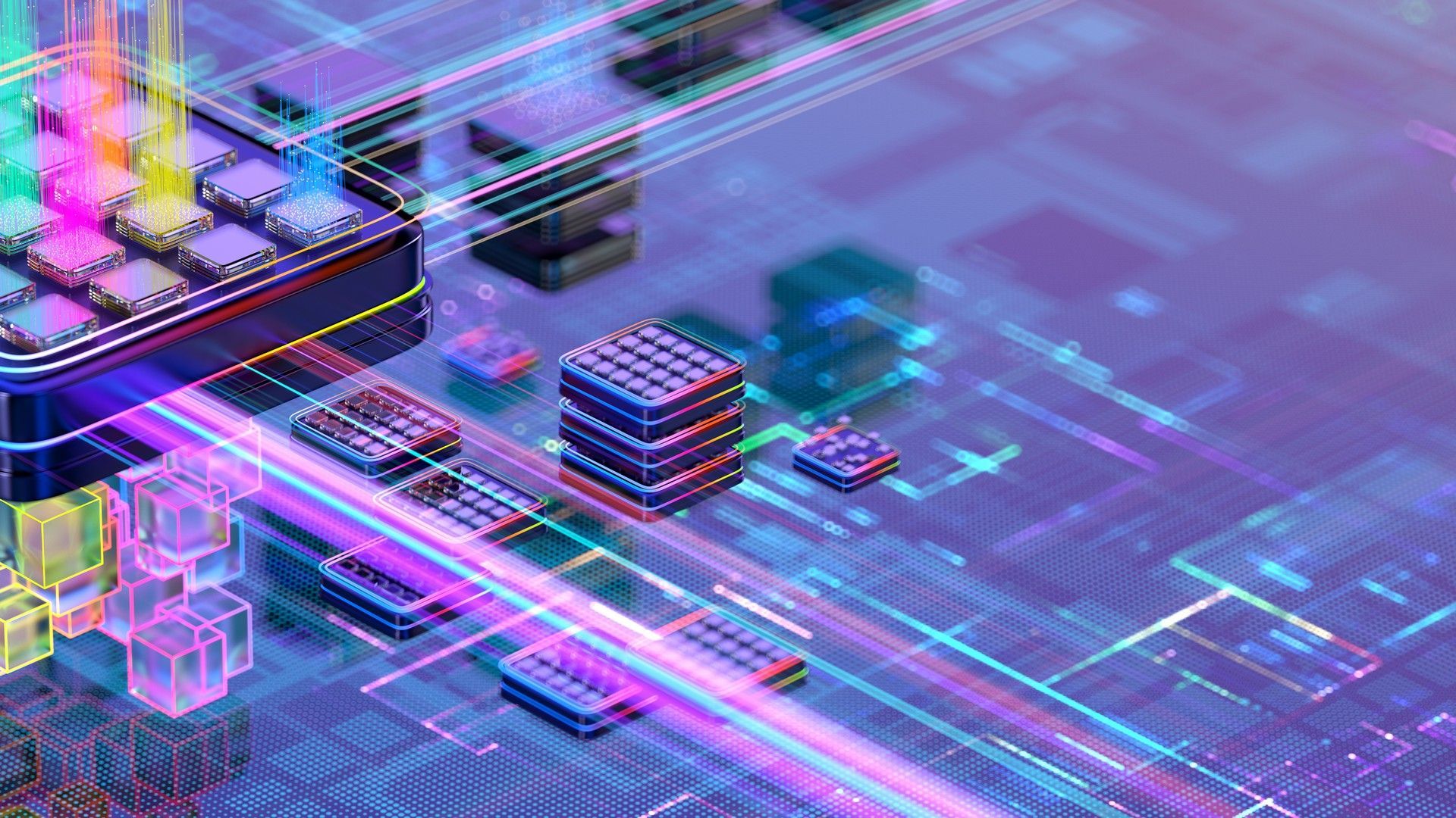 Un primo piano di un chip di computer su uno sfondo viola.