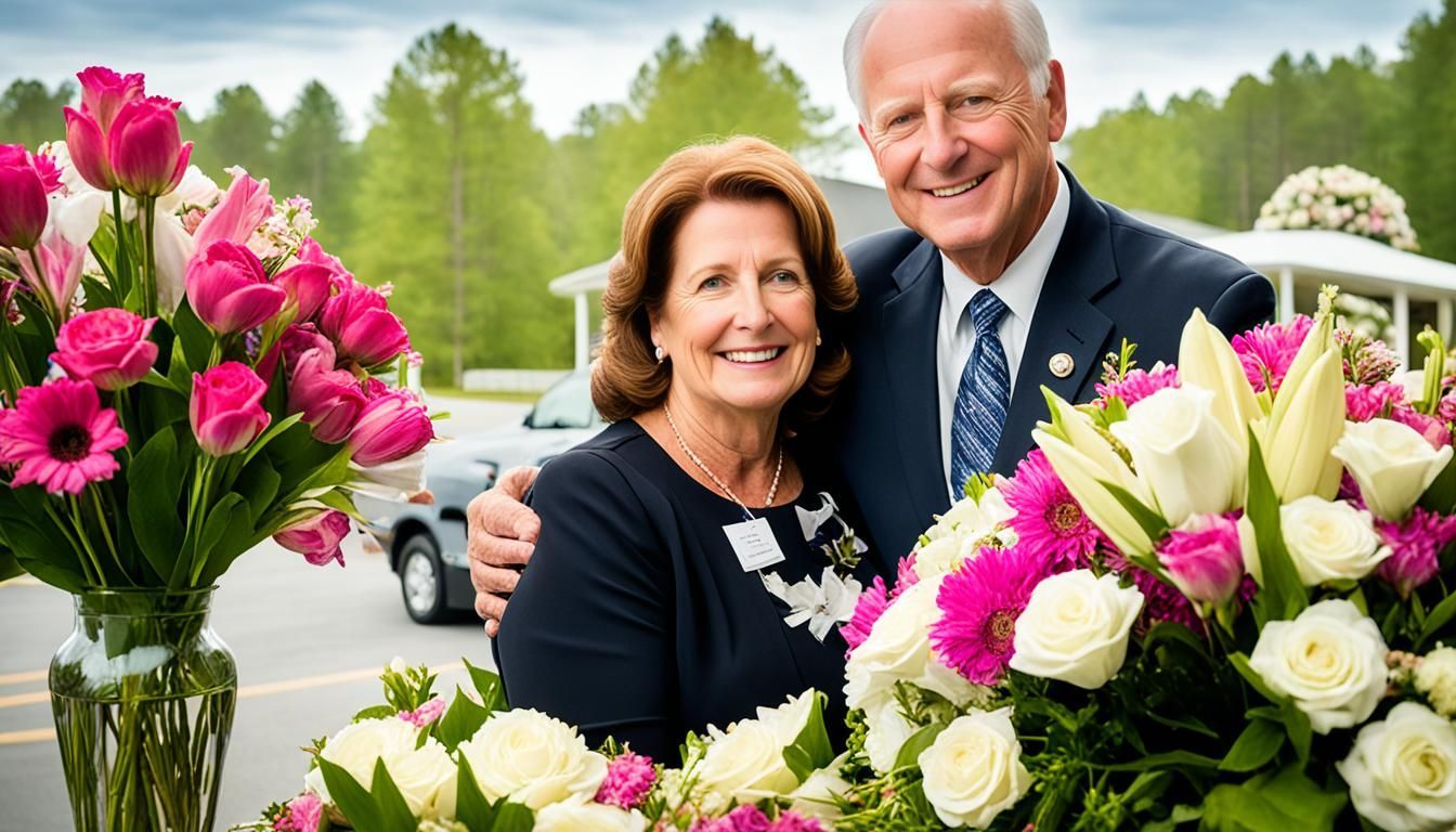 A man and a woman are standing next to a vase of flowers.