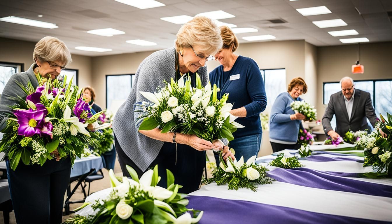 A group of people are arranging flowers on a table.