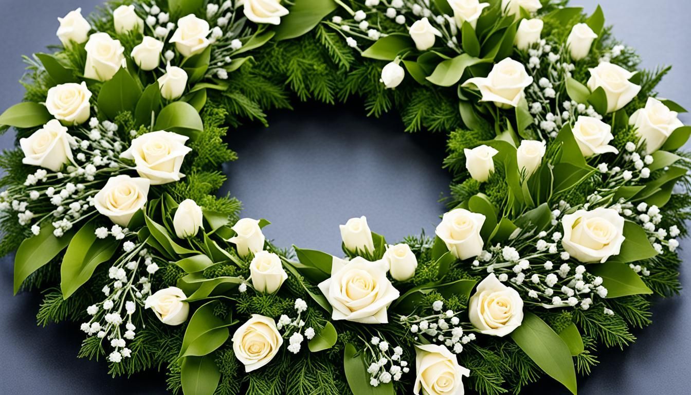 A wreath of white roses and baby 's breath on a blue surface.