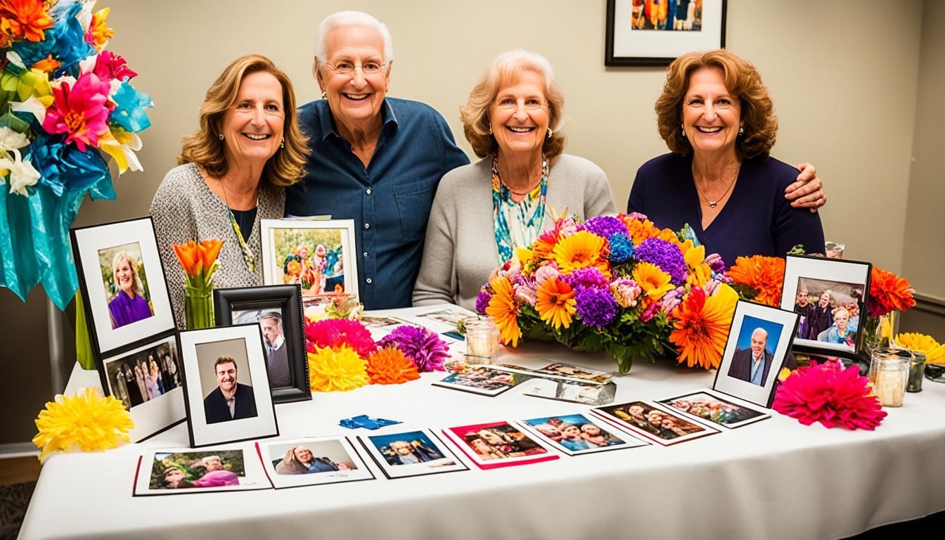 A group of people are sitting at a table with pictures and flowers.