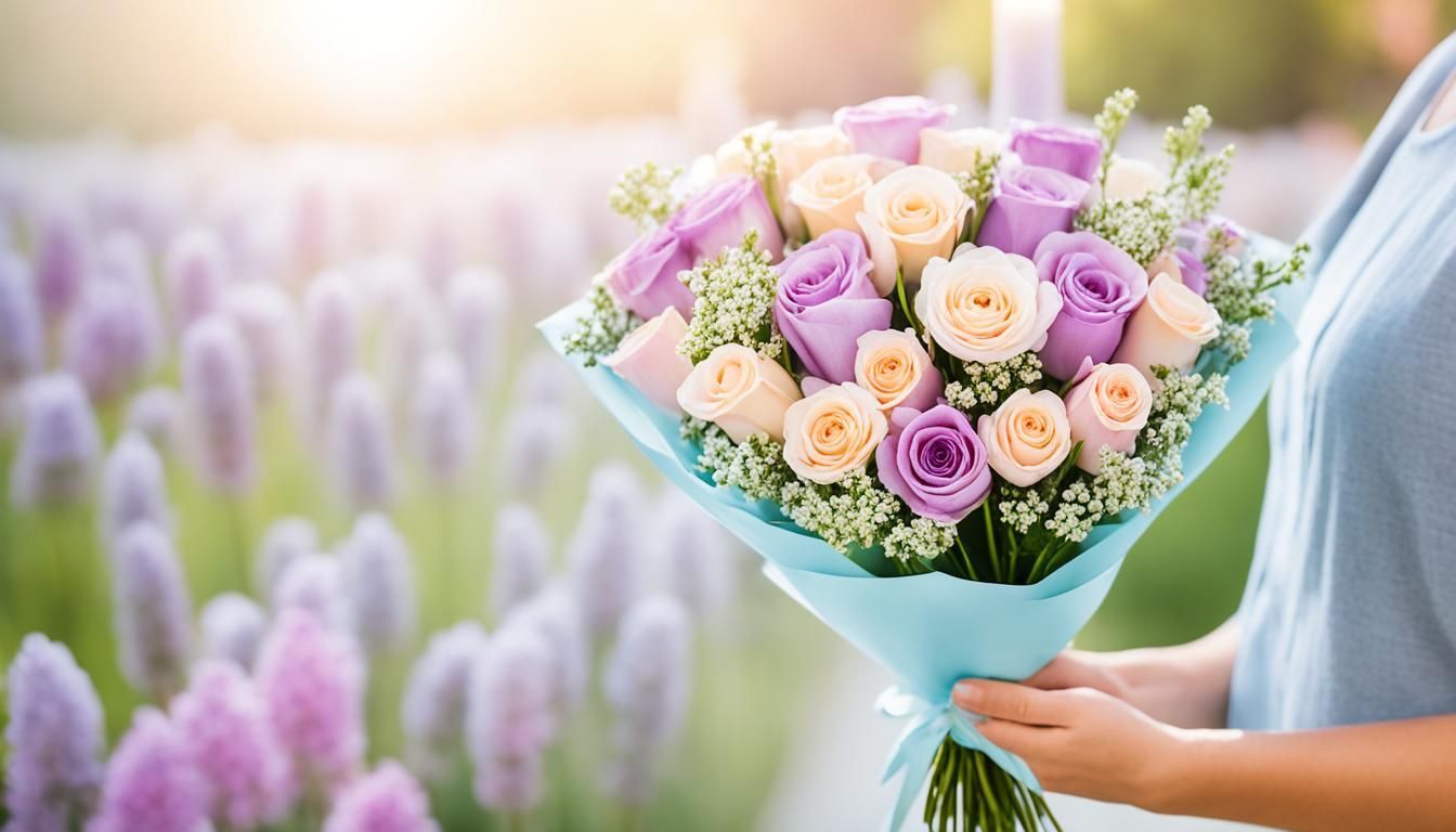 A woman is holding a bouquet of flowers in her hands.