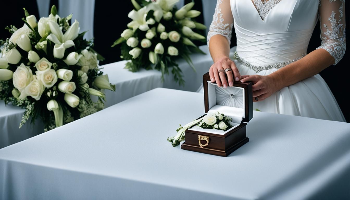 A bride in a wedding dress is holding a box with a wedding ring in it.