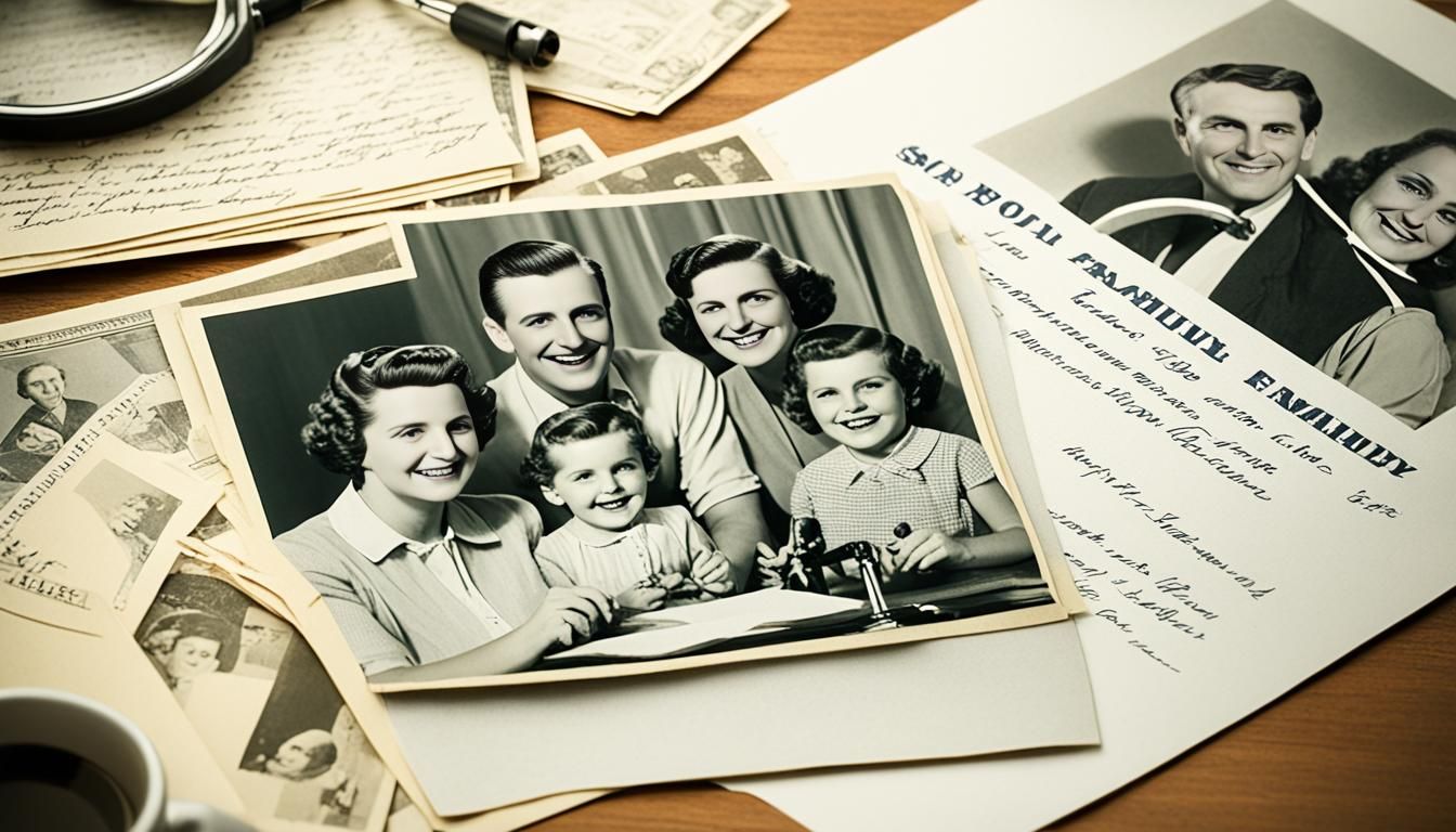 A stack of old photographs of a family on a table