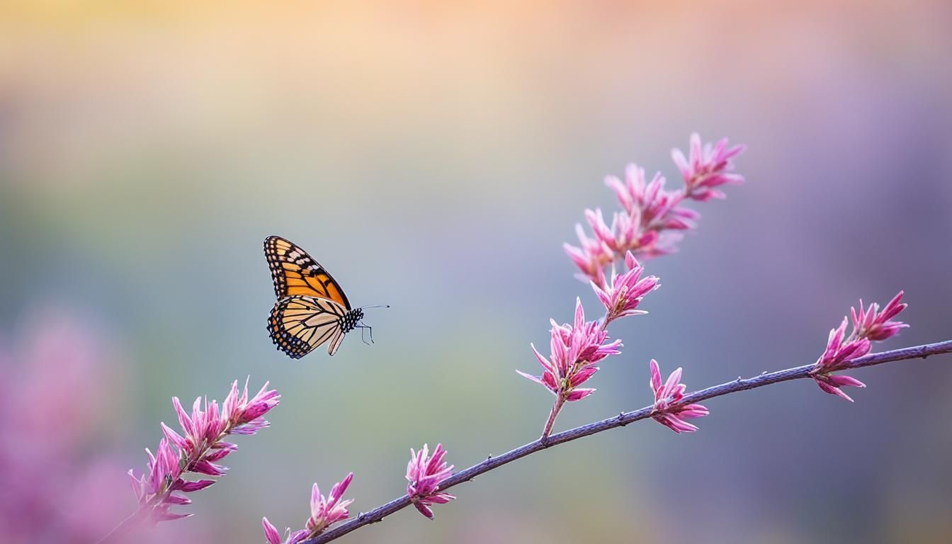 A butterfly is sitting on a pink flower branch.