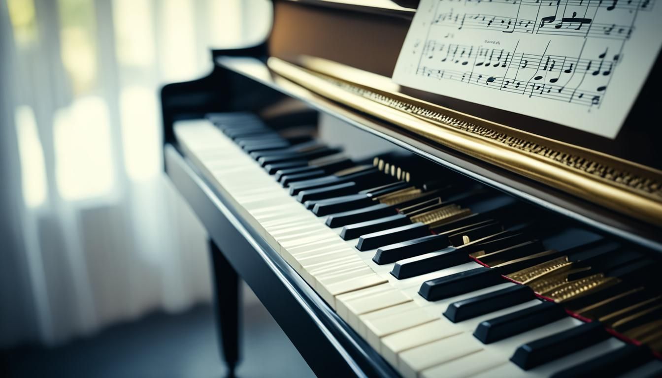 A close up of a piano with sheet music on it.