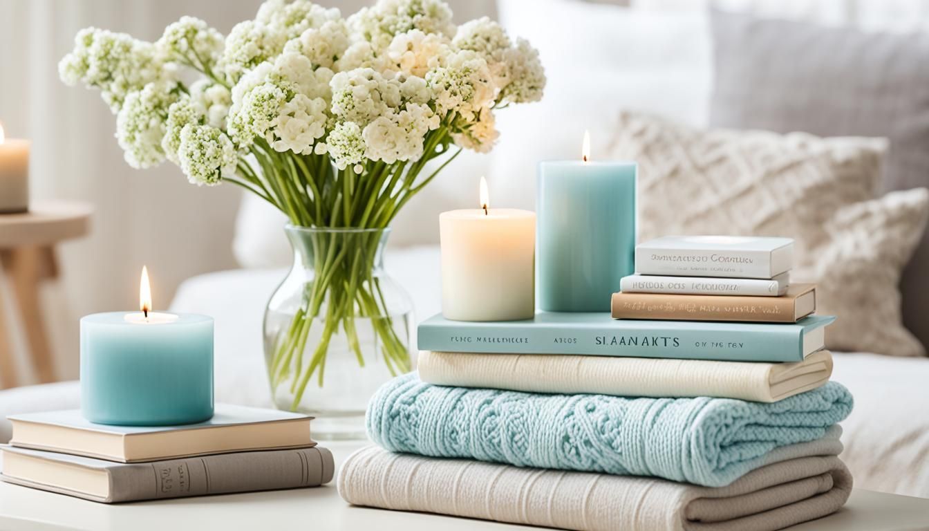 A living room with a vase of flowers , candles , books and blankets.