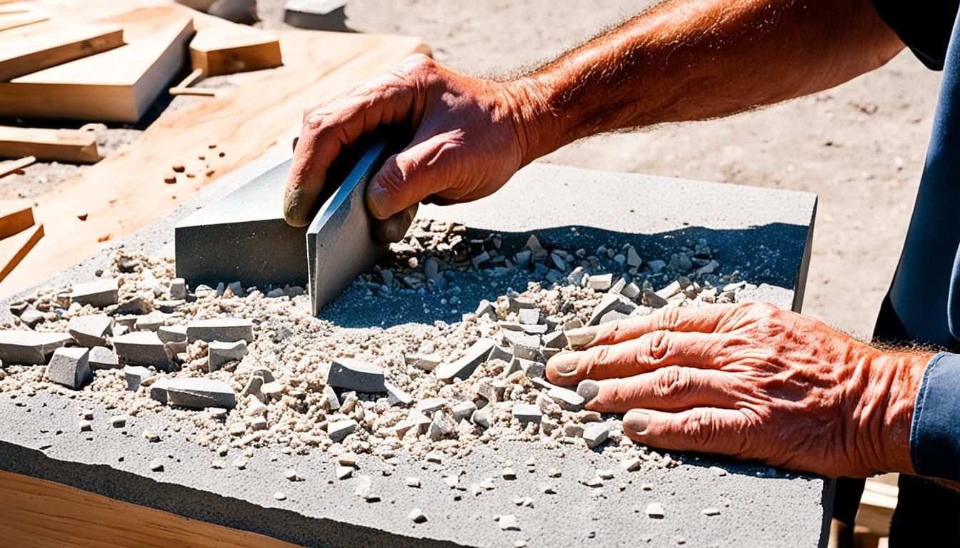 A man is sanding a piece of concrete with a sander