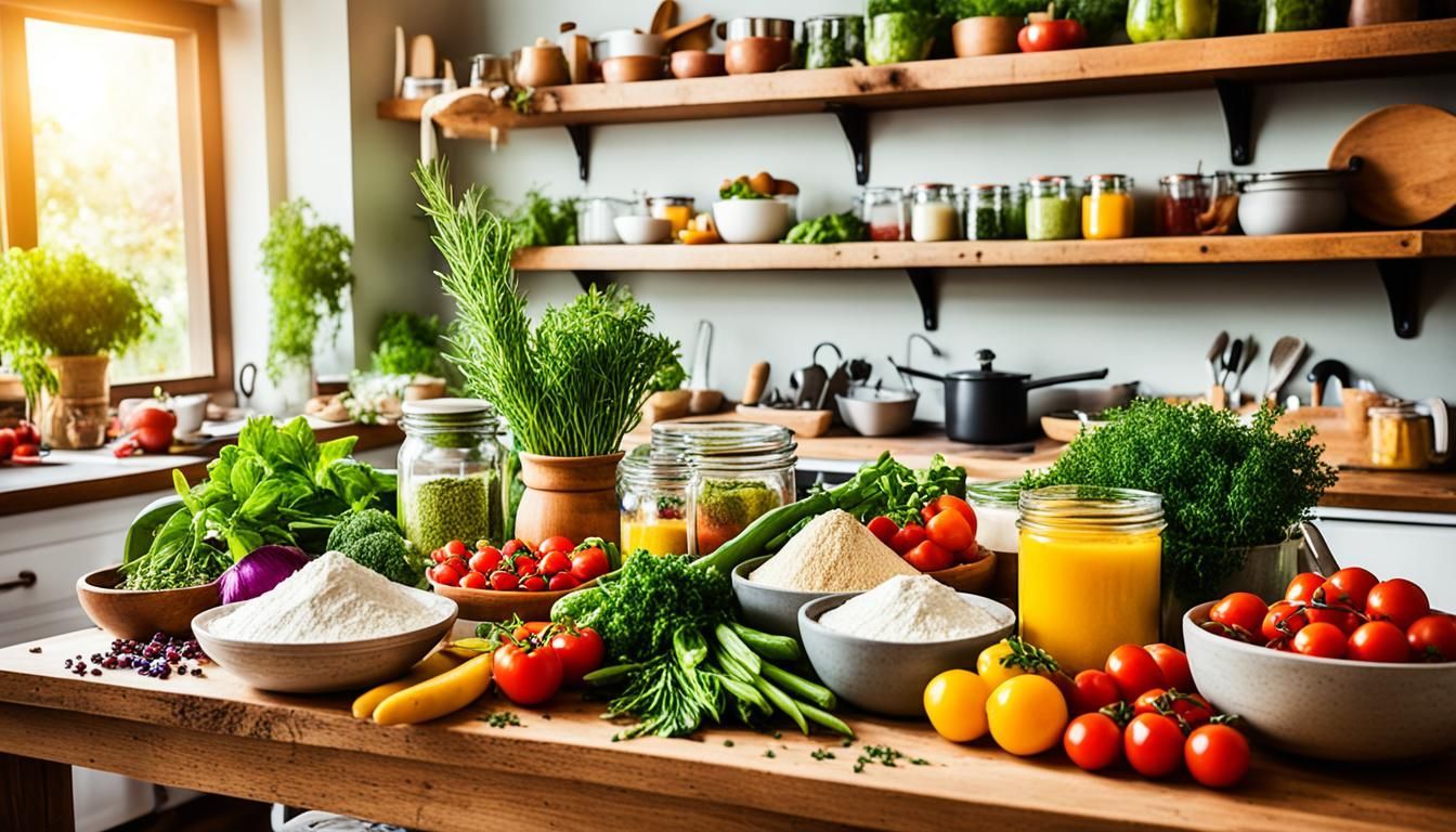 A kitchen filled with lots of fruits and vegetables on a wooden table.