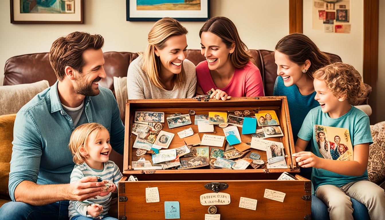 A family is sitting on a couch looking at a trunk filled with pictures.