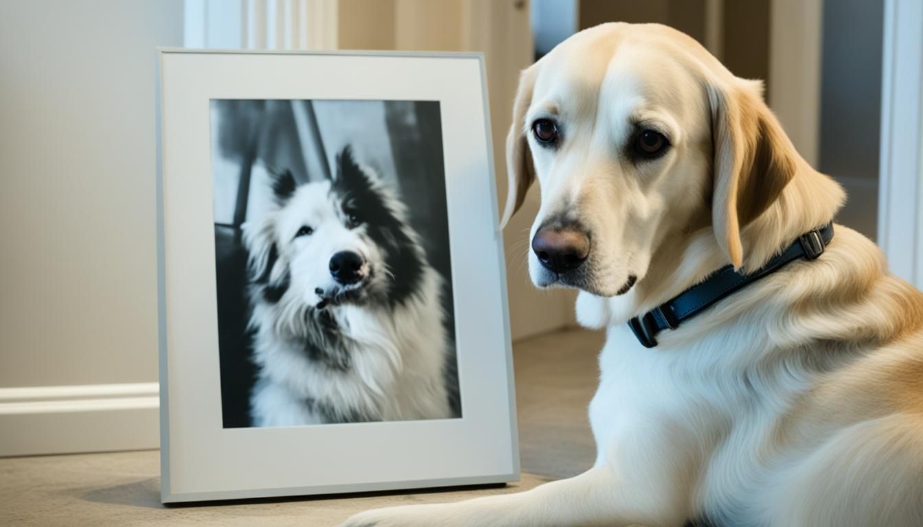 A dog is laying next to a framed picture of a dog.