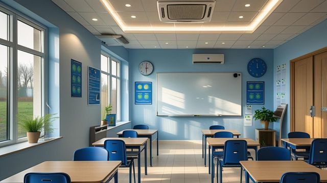 Empty classroom with blue desks, whiteboard, wall clock, windows, and sunlight streaming in.