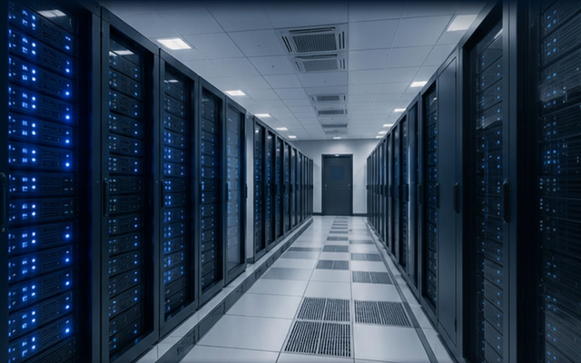 Server racks in a blue-lit data center hallway