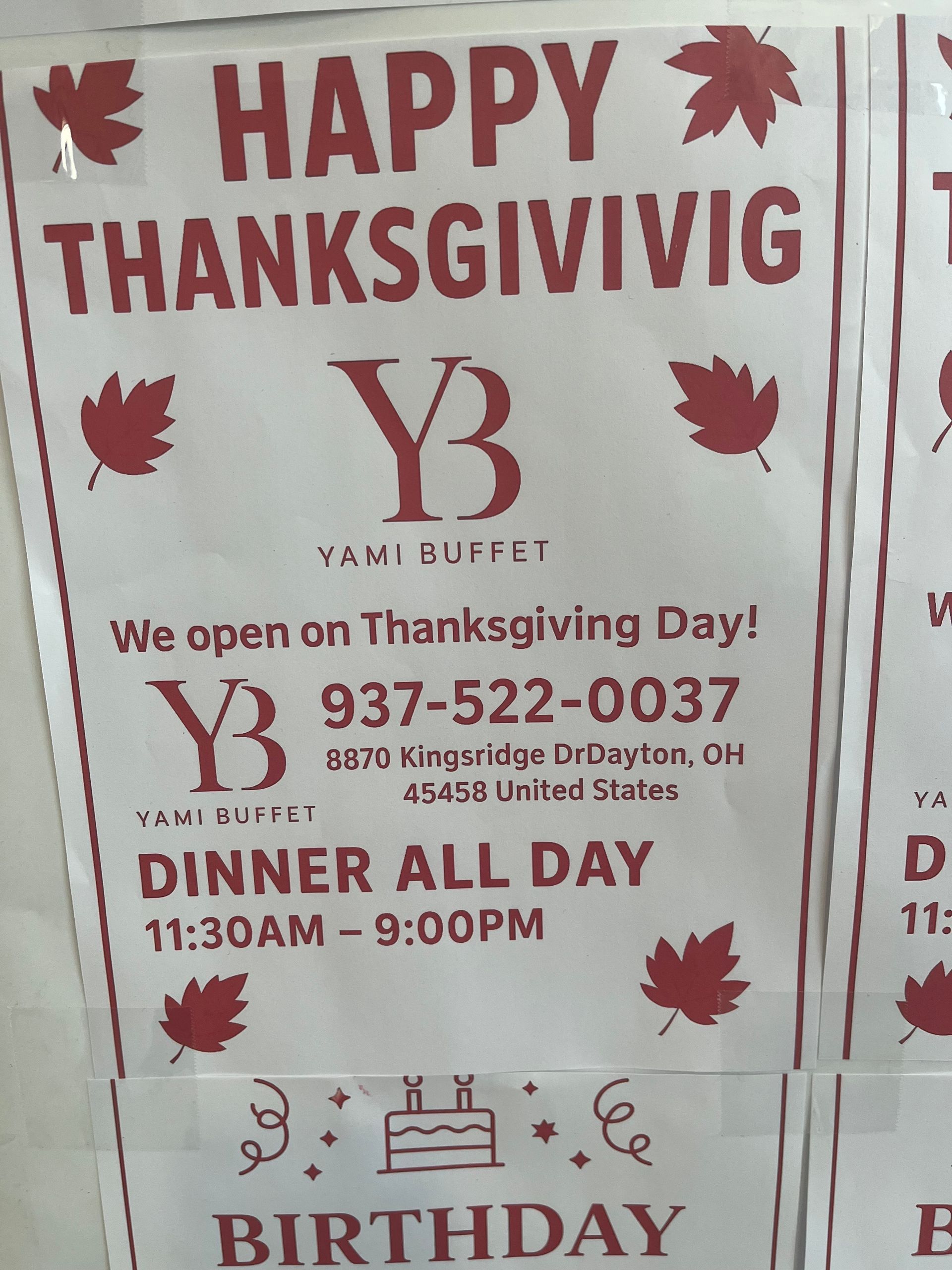 Thanksgiving advertisement for Yami Buffet, Dayton, OH, open all day.