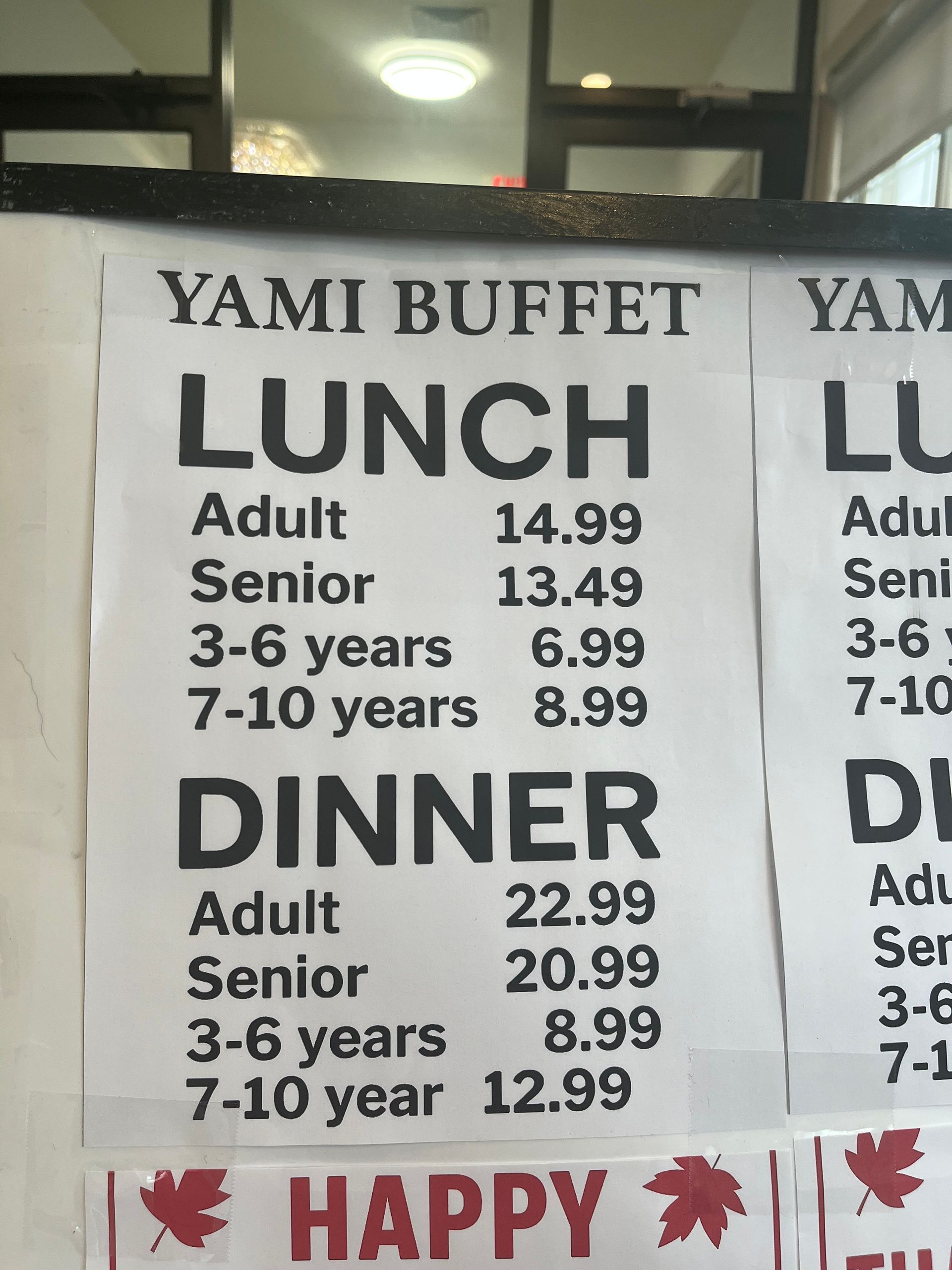 Yami Buffet menu with lunch and dinner pricing: adult, senior, and children's rates.