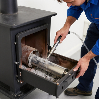 Person cleaning a black wood stove with a vacuum hose and open ash drawer