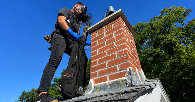Worker on a roof beside a brick chimney, using a tool against the chimney in bright sunlight.