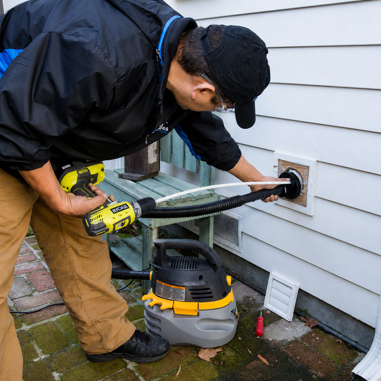 Worker using a yellow drill to clean a wall vent beside a house, with a wet/dry vacuum nearby