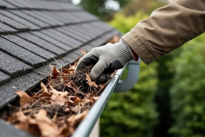 Gloved hand clearing leaves from a roof gutter beside gray shingles