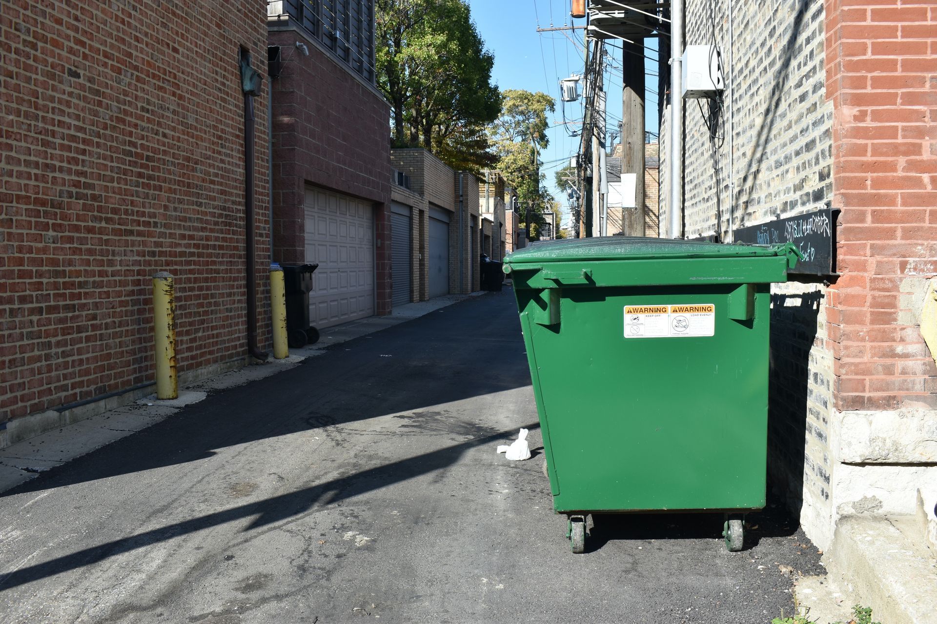 Narrow alley with brick buildings and a green dumpster in the foreground.