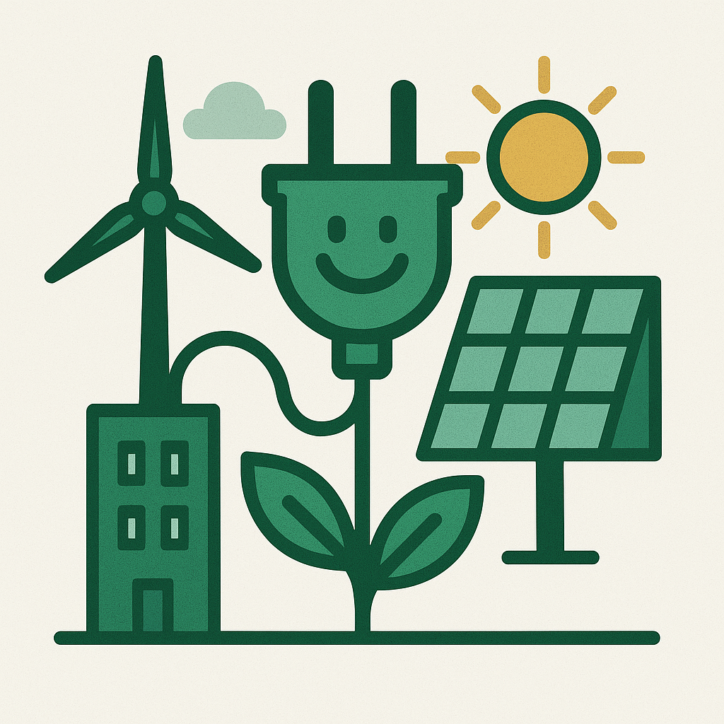 Illustration representing renewable energy with wind, solar, and green power for sustainability accreditation and B Corp support”