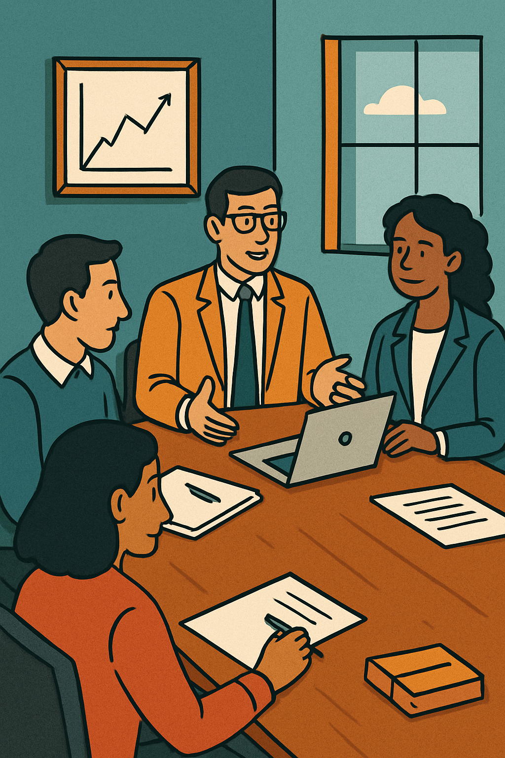 Cartoon project manager at desk delivering digital project